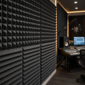 Paneles de espuma acústica de poliuretano con perfil piramidal para acondicionamiento acústico, reducción de eco y mejora de la calidad del sonido en estudios, oficinas y espacios comerciales.