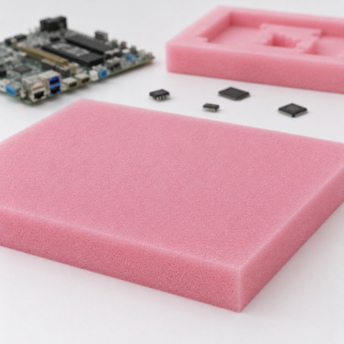 Lámina de espuma antiestática de poliuretano para protección de componentes electrónicos, circuitos impresos y equipos sensibles durante almacenamiento y transporte.